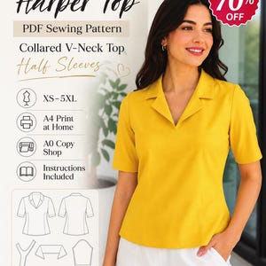 Peut inclure: Un haut jaune moutarde à col en V et manches mi-longues. L'image contient le texte Harper Top, PDF Sewing Pattern, Collared V-Neck Top, Half Sleeves, XS-5XL, A4 Print at Home, A0 Copy Shop, Instructions Included, et Digital Download.