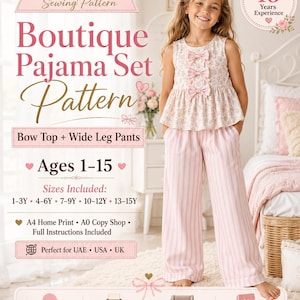 May include: A digital PDF sewing pattern for a boutique pajama set featuring a sleeveless top with three front bows and wide-leg pants. The pattern includes sizes for ages 1-15, with instructions for A4 home printing and A0 copy shop printing.