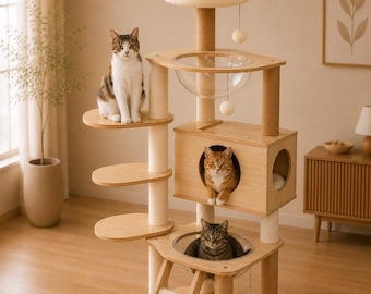 Modern Wooden Cat Tree Tower: Condo, Bubble Bed, Sisal Posts, Multi-Level Climbing Furniture