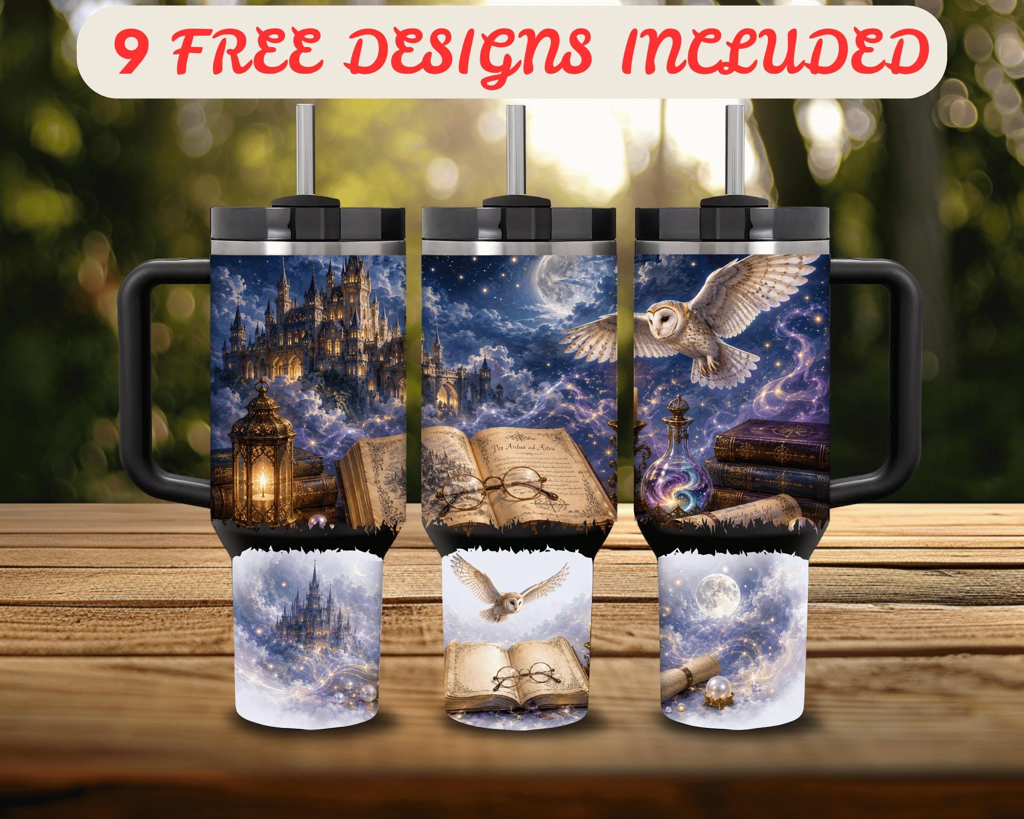 Magic Owl Tumbler Wrap PNG, Fantasy Spell Book, Celestial Castle, Wizard Art (Digital Download)