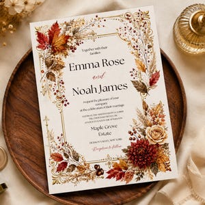 May include: A rectangular wedding invitation card featuring a gold border and autumn-themed floral illustrations including red maple leaves, berries, and a dahlia. The text reads Emma Rose and Noah James, requesting the pleasure of your company.
