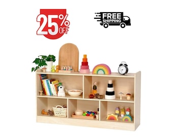 Montessori Book and Toy Shelf for Kids, Birch Plywood 5-Section Organizer
