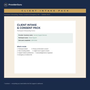 Könnte beinhalten: Ein digitales Dokument mit dem Titel Client Intake & Consent Pack und dem ProviderGuru-Logo. Es enthält Felder für den Firmennamen, den Namen des Teilnehmers und das Datum sowie eine Liste mit sieben Abschnitten zu Details und Einwilligungen.