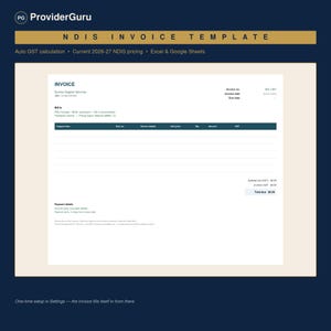 Plantilla de factura NDIS / Cálculo automático del IVA / Precios vigentes para 2026-27 / Compatible con Excel y Google Sheets