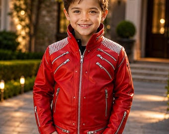 Jaqueta infantil Beat It – Jaqueta vermelha do Michael Jackson para fantasia de Halloween para meninos de 3 a 12 anos