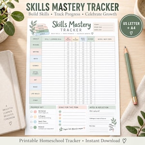 May include: A Skills Mastery Tracker printable sheet featuring a grid for subjects like reading, writing, and maths. It includes columns for progress levels, a progress key, goals for the term, and a notes section. The design uses pastel colours.