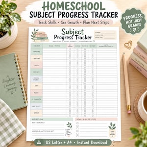 Pode incluir: Uma folha imprimível de acompanhamento de progresso escolar em casa com uma grade para matérias como leitura, escrita e matemática. Inclui colunas para habilidades, status de progresso e notas, com seções para reflexão e objetivos.