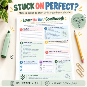 Może przedstawiać: Narzędzie do planowania funkcji wykonawczych zatytułowane Stuck on Perfect? Lower the Bar / Good Enough. Dokument zawiera osiem ponumerowanych sekcji z polami wyboru i liniami do pisania, zaprojektowanych w celu zarządzania zadaniami i ograniczania perfekcjonizmu.
