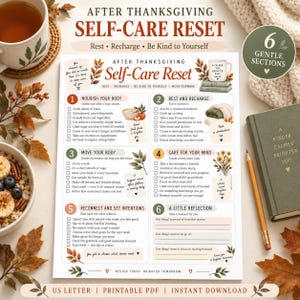 Könnte beinhalten: Eine weiße Papier-Checkliste mit dem Titel After Thanksgiving Self-Care Reset mit sechs Abschnitten für Wellness-Aktivitäten, verziert mit Herbstblatt-Illustrationen, einer Tasse, einem Notizbuch und einem Bleistift neben einer Schale Haferflocken.