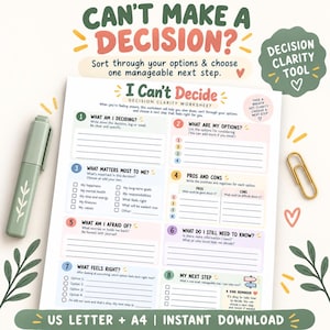I Can’t Decide Printable, Decision Making Worksheet, ADHD Decision Paralysis, Executive Function Tool, Decision Clarity Planner