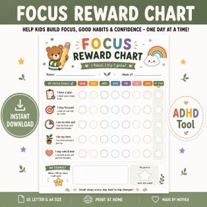 Könnte beinhalten: Ein druckbares Belohnungsdiagramm mit einem braunen Bären, der einen Stift hält, einem Regenbogen und einem Raster zur Verfolgung täglicher Ziele. Der Text umfasst FOCUS REWARD CHART, I focus. I try. I grow! sowie Bereiche für Ziele und Belohnungen.