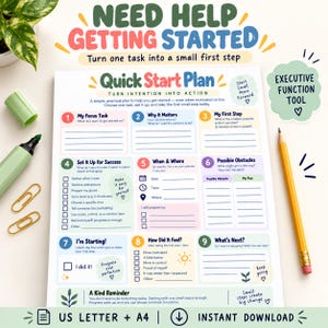Op de afbeelding: Een wit Quick Start Plan werkblad met negen genummerde secties voor taakbeheer. Het document bevat kleurrijke koppen, selectievakjes en prompts voor het plannen van stappen, obstakels en gevoelens. Een geel potlood en paperclips liggen ernaast.