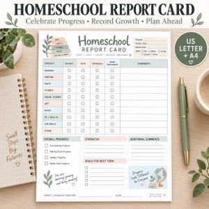 Op de afbeelding: Een geprint rapportformulier voor thuisonderwijs met een tabel voor vakken zoals lezen, schrijven, wiskunde en wetenschap. Het document bevat secties voor leerlinggegevens, voortgang, sterke punten, doelen en opmerkingen in pastelkleuren.