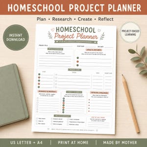 May include: A white paper homeschool project planner with sections for project overview, goals, tasks, resources, schedule, and challenges. The document features text headers, checkboxes, and bullet points in muted green and terracotta colours.