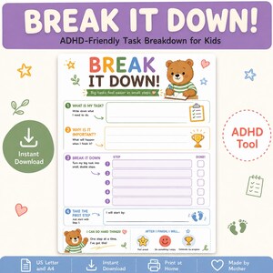 May include: A task breakdown worksheet for kids titled BREAK IT DOWN! ADHD-Friendly Task Breakdown for Kids. The white page features a cartoon bear, numbered steps from one to five, blank lines for writing, and sections for task goals and rewards.