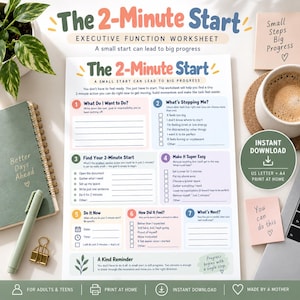 Può includere: Un foglio di lavoro stampabile sulle funzioni esecutive intitolato The 2-Minute Start con sette sezioni numerate per la definizione degli obiettivi e la riflessione. Il documento presenta riquadri color pastello, caselle di controllo e suggerimenti per suddividere i compiti.
