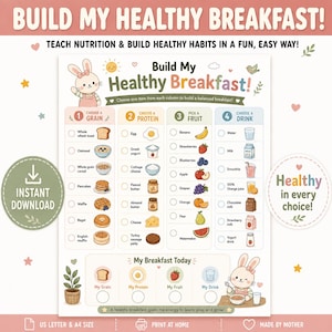 May include: A printable educational chart titled Build My Healthy Breakfast featuring a cartoon rabbit, four columns for selecting grains, proteins, fruits, and drinks, and a section to track daily choices with colorful food illustrations.