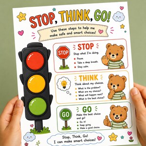 Stop Think Go do druku, Arkusz ćwiczeń do regulacji emocji ADHD, Tabela umiejętności radzenia sobie z samokontrolą, Aktywność dla dzieci „Sel” do uspokojenia