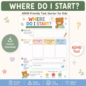 Where Do I Start Printable, ADHD Task Starter for Kids, Brain Dump and Prioritize Worksheet, Executive Function Tool, Instant Download