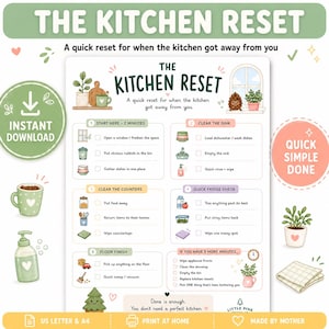 May include: A digital checklist titled The Kitchen Reset with five steps for cleaning, including Start Here, Clear the Sink, Clear the Counters, Quick Fridge Check, and Floor Finish. The document features pastel illustrations of plants, mugs, and cleaning supplies, with text instructions for each task and a section for extra time.