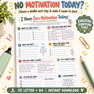 Può includere: Un foglio di lavoro intitolato I Have Zero Motivation Today, con otto sezioni numerate per la gestione delle attività, caselle di controllo e suggerimenti. Il documento include testo sui ripristini delicati e il formato A4.