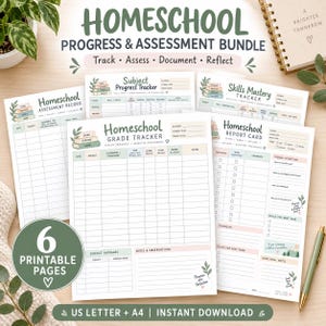 Op de afbeelding: Een homeschool voortgangs- en beoordelingsbundel met zes printbare pagina's, waaronder een cijfertracker, rapportkaart en voortgangstracker. De documenten hebben een zacht kleurenpalet met groene, roze en blauwe accenten en tekst.