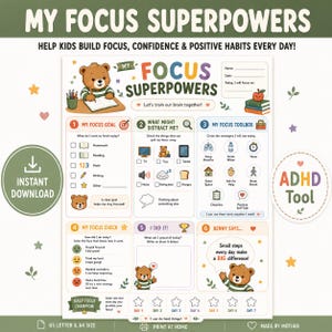 ADHD Focus Superpowers Printable, Kids Daily Focus Worksheet Bear, Distraction Tracker Executive Function Chart, Homework Focus Tool