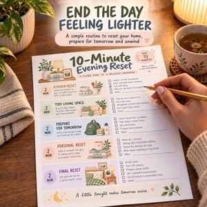 Può includere: Una lista di controllo 10-Minute Evening Reset stampata su carta bianca con illustrazioni e testo a colori. Il documento elenca cinque attività quotidiane, tra cui il riordino della cucina, del soggiorno e routine personali con caselle.