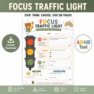 Puede incluir: Una hoja de trabajo imprimible Focus Traffic Light con un gráfico de semáforo, un oso con un lápiz y un arcoíris. El documento incluye secciones para Stop, Think y Go con indicaciones para la autorreflexión, establecimiento de metas y progreso.
