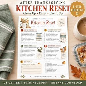 Pode incluir: Uma lista de verificação imprimível de 5 passos intitulada After Thanksgiving Kitchen Reset. O documento apresenta secções numeradas para sobras, pratos, frigorífico, bancadas e ideias de refeições, decoradas com ilustrações de folhas de outono.