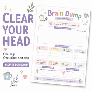 Arbeitsblatt zum Ausdrucken: Brain Dump, Kopf frei bekommen, Aufgabenplaner für ADHS, Blatt zum Aufräumen mentaler Unordnung, Sofort-Download