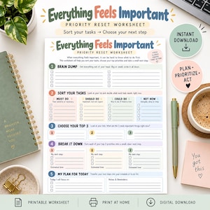 Op de afbeelding: Een prioriteiten-reset werkblad getiteld Everything Feels Important met secties voor brain dump, het sorteren van taken, het kiezen van de drie belangrijkste prioriteiten, het opdelen ervan en een dagelijks plan.
