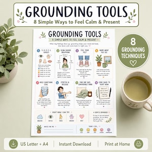 May include: A white informational poster titled Grounding Tools 8 Simple Ways to Feel Calm & Present. The document features eight numbered sections with illustrations and text explaining techniques like square breathing, sensory awareness, and stretching.