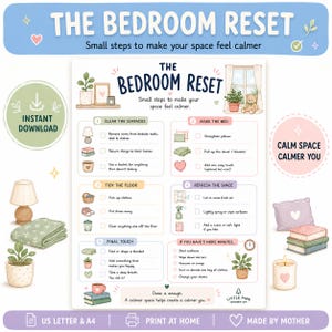 Puede incluir: Una lista de control digital titulada The Bedroom Reset con el subtítulo Small steps to make your space feel calmer. El gráfico presenta cinco secciones numeradas con tareas como Clear the Surfaces, Make the Bed, Tidy the Floor, Refresh the Space y Final Touch, acompañadas de ilustraciones en tonos pastel de artículos para el hogar.
