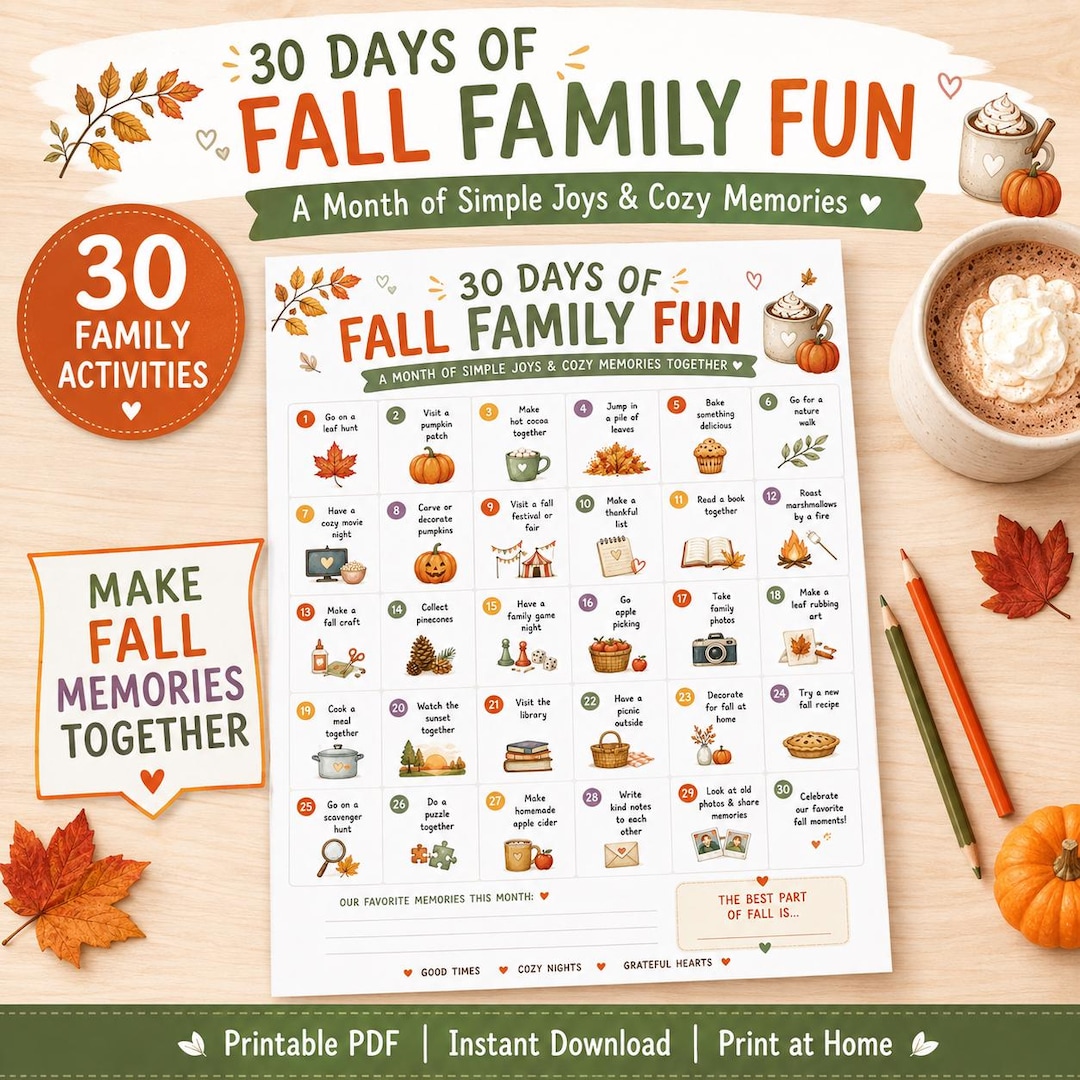 30 Days of Fall Family Fun Printable, Fall Activity Calendar for ...