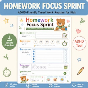 Könnte beinhalten: Ein Homework Focus Sprint Arbeitsblatt für Kinder mit einer braunen Bärenillustration. Das Dokument enthält Abschnitte zur Aufgabenplanung, Zeitintervalle von 10 bis 30 Minuten, einen Fünf-Schritte-Plan, Pausenplanung und einen Rückblickbereich.
