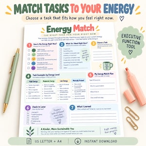 Könnte beinhalten: Ein druckbares Energy Match Aufgabenplaner-Blatt mit sieben nummerierten Abschnitten zur Verwaltung täglicher Aufgaben basierend auf Energieniveaus. Das Dokument enthält Kontrollkästchen und den Text Match Tasks To Your Energy.