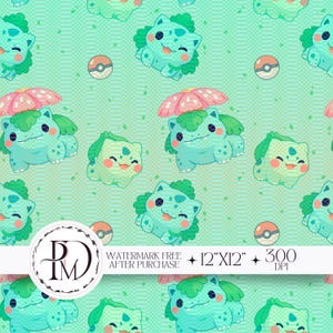 May include: A seamless digital pattern featuring light green cartoon creatures with pink cheeks and green plant bulbs or flowers on their backs, interspersed with small round red and white balls on a wavy light green background with text.