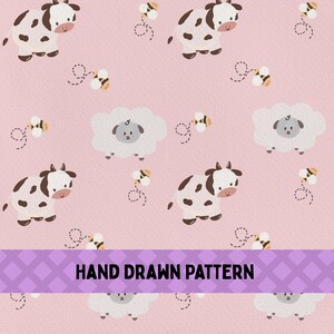 Cute Farm Animals Digital Paper | Pink Cow & Sheep Seamless Pattern | Baby Nursery Printable | Scrapbook Paper | Kids Fabric Design
