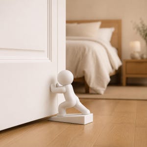 May include: A white doorstop shaped like a stylised human figure in a pushing pose. The figure has a smooth, rounded head and body, with its hands pressed against the surface of a white door to hold it open, mounted on a wedge-shaped base.