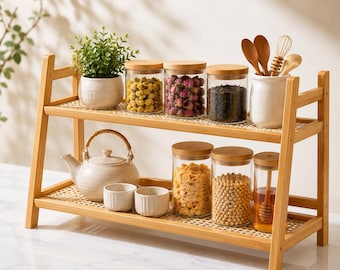 Estante de bambú para encimera de cocina, organizador de especias de 2 niveles, estante de almacenamiento para barra de café, organizador de encimera de madera, estante de despensa