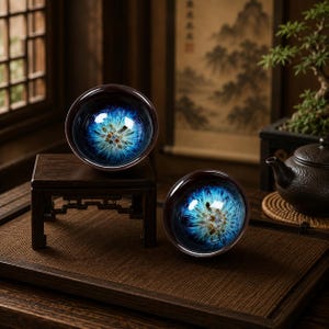 May include: Two ceramic tea bowls featuring a deep blue and black glaze with a radiating, starburst-like pattern in the center. One bowl rests on a small, dark wooden stand, while the other sits directly on the surface next to it.