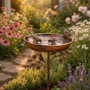 Puede incluir: Un baño para pájaros de metal color cobre con un cuenco circular poco profundo, sostenido por un pedestal central adornado con ramas, hojas y flores de metal decorativas, con tres pájaros pequeños posados en el borde y el pedestal.