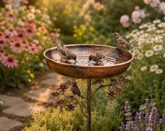 Vaschetta per uccelli vintage in metallo, vaschetta per uccelli da giardino per esterni, vaschetta decorativa da terra, mangiatoia per uccelli in ferro, decorazione per patio, prato e cortile, idea regalo