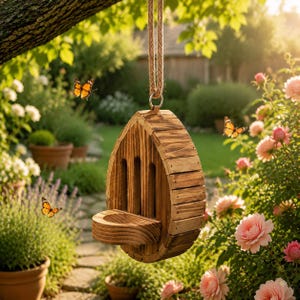 May include: A hanging wooden insect house with a rounded, teardrop-shaped frame, vertical slats, and a small protruding platform. The structure is suspended by a thick, natural fiber rope attached to a metal ring at the top of the unit.