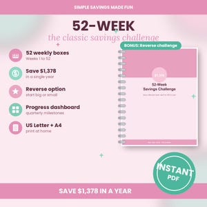 Peut inclure: Un planificateur de défi d'épargne de 52 semaines avec un schéma de couleurs rose et blanc. Le texte indique : SIMPLE SAVINGS MADE FUN, 52-WEEK the classic savings challenge, 52 weekly boxes, Save $1,378, Reverse option, Progress dashboard, US Letter + A4, INSTANT PDF.
