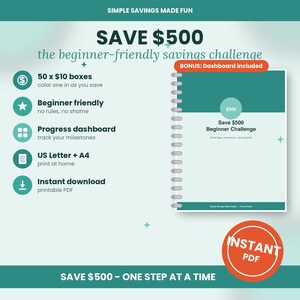Peut inclure: Un outil de suivi d'épargne numérique avec un design bleu sarcelle et blanc. Le texte indique : SAVE $500, the beginner-friendly savings challenge, 50 x $10 boxes, Beginner friendly, Progress dashboard, US Letter + A4, Instant download, et BONUS: Dashboard included.