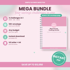 Peut inclure: Un ensemble de défis d'épargne numérique en rose et bleu sarcelle avec le texte SIMPLE SAVINGS MADE FUN, MEGA BUNDLE, four savings challenges in one, 4 challenges in 1, 100-envelope, Any budget, Instant download, US Letter + A4, et SAVE UP TO $5,050.