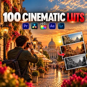 Könnte beinhalten: Eine digitale Produktwerbung mit dem Titel 100 CINEMATIC LUTS und Symbolen für Videobearbeitungssoftware. Das Bild zeigt einen Fotografen in einer gepflasterten Straße bei Sonnenuntergang mit drei Fotovorschauen, die Farbvariationen zeigen.