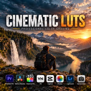 Może przedstawiać: Grafika cyfrowa z napisem CINEMATIC LUTS PROFESSIONAL COLOR GRADING na tle krajobrazu z osobą z plecakiem patrzącą na wodospad i góry o zachodzie słońca, z ikonami Premiere Pro, DaVinci Resolve, Final Cut Pro, VN, CapCut, Photos, Lightroom i Camera Raw.